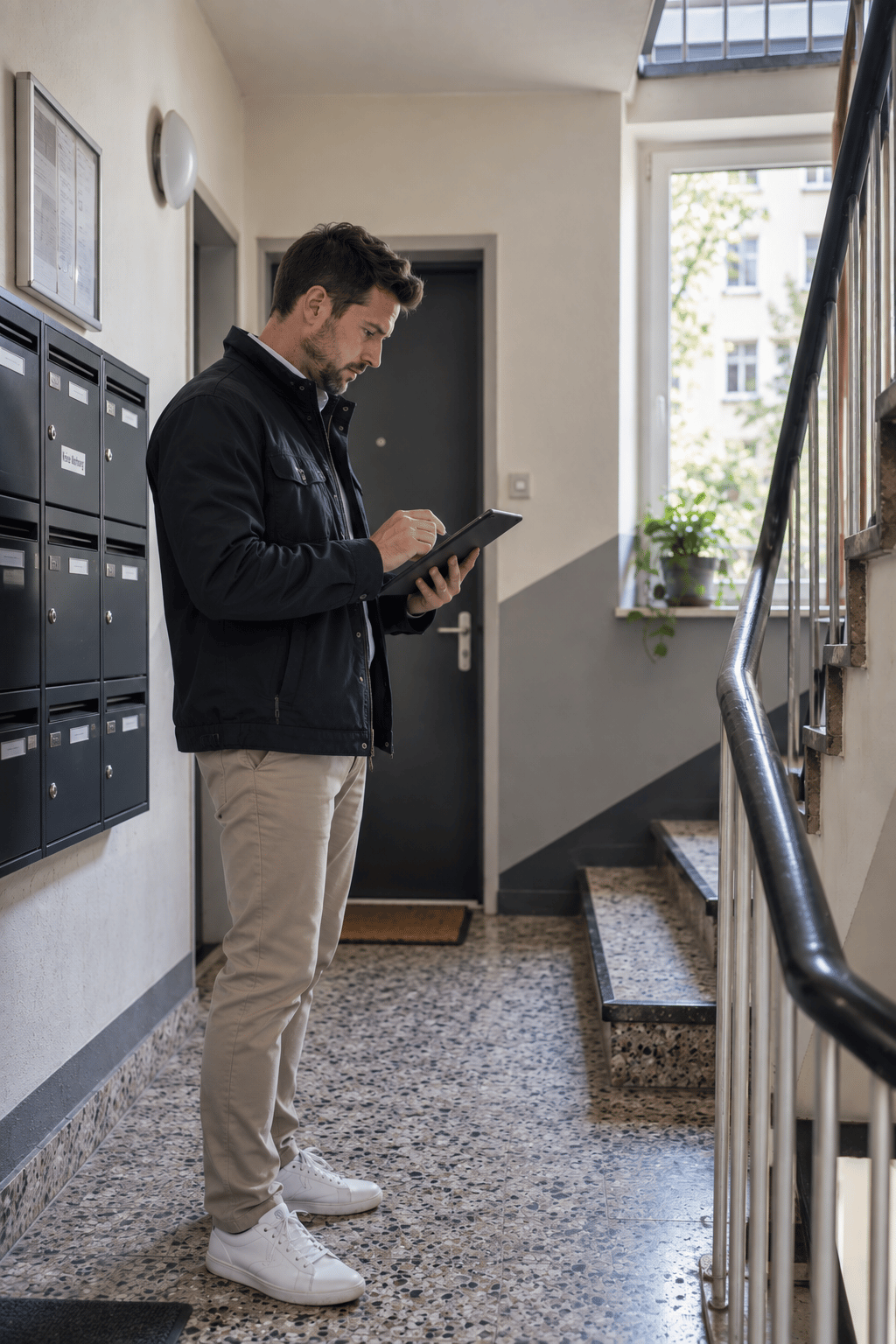 Immobilienverwalter bei der Bestandsaufnahme in einem Treppenhaus