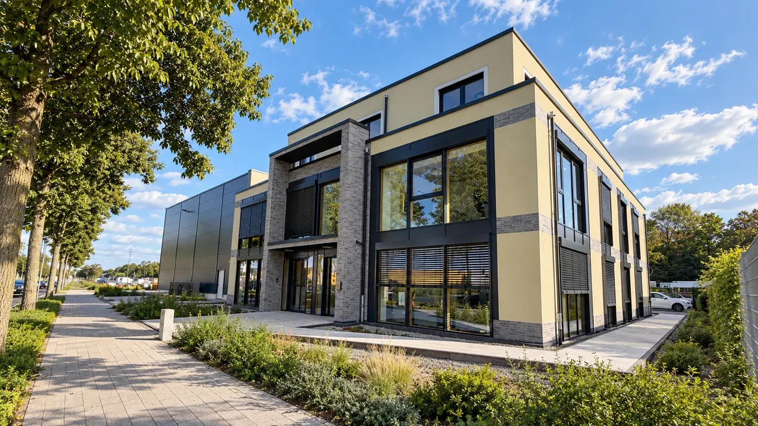 Modernes Büro- und Gewerbegebäude mit heller Fassade und großen Fensterflächen